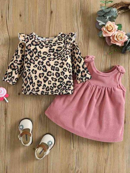 

baby leopard print ruffle trim tee & bow shoulder dress she, White