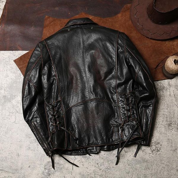 

men's leather & faux 2021 vintage brown men american style motorcycle jacket large size 6xl genuine thick natural cowhide winter biker&, Black