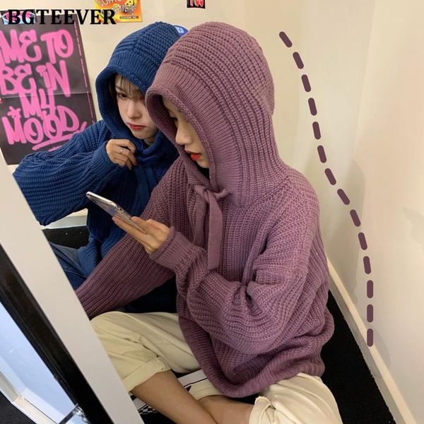 

women's sweaters bgteever vintage women hooded female thick solid jumpers pullovers with hat winter warm loose knit 2021 pull femme, White;black