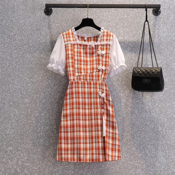 

women's tracksuits 2021 chinese style summer suits plaid printed modified cheongsam + elastic waist shorts sets elegant female outfits, Gray