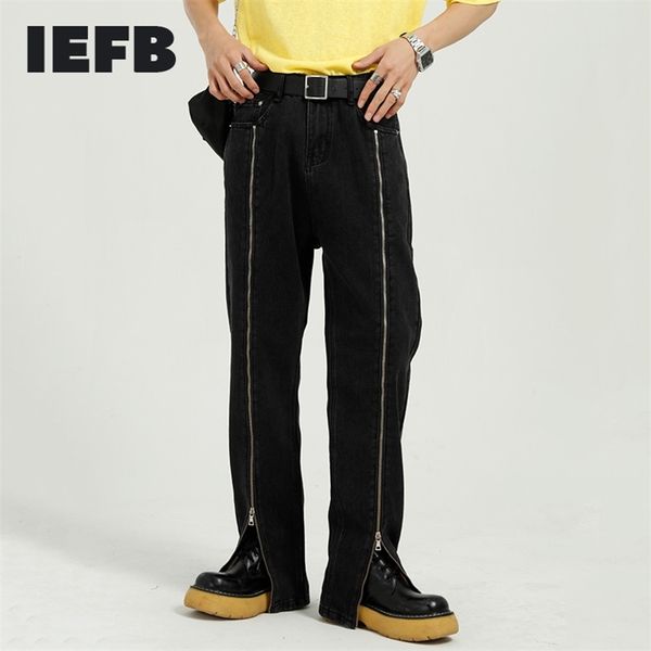

iefb streetwear black jeans for men korean straight zipper design trend personality handsome denim trousers 9y7330 211108, Blue
