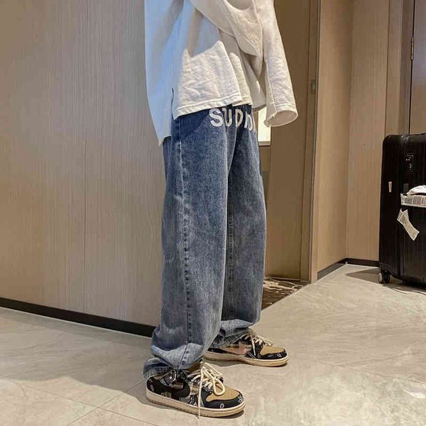 

men's jeans loose jeans from fall and spring, casual pants for couple with printed letters, kpop style, hip hop clothes, male, 4ctm, Blue