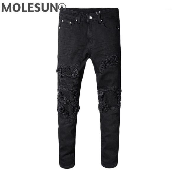 

men's jeans brand black patchwork stretch denim biker motorcycle slim fit skinny pencil pants for man size 40, Blue