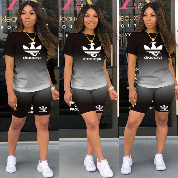 

women's tracksuits two pieces sets women gradient short sleeve + jogger shorts leggings suit sporty fitness outfit 2021 summer, Gray