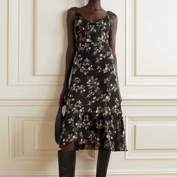 

chiffon printed women dress summer style za fashion small floral print lining elegant chic street 210601, Black;gray