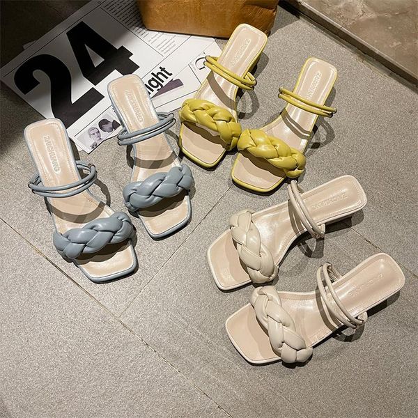 

slippers 2021 fashion brand women sandals summer beach shoes slides high heels leather weave square, Black