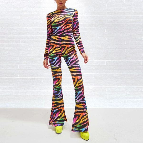 

women's jumpsuits & rompers women jumpsuit bell pants o-neck long sleeve backless mid waist printing casual rbodysuit combinaison femme, Black;white