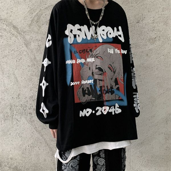 

2021 new com capuz japons streetwear masculino hip hop oversize moletom solto casal harajuku punk s casuais primavera outono rock slcd, Black