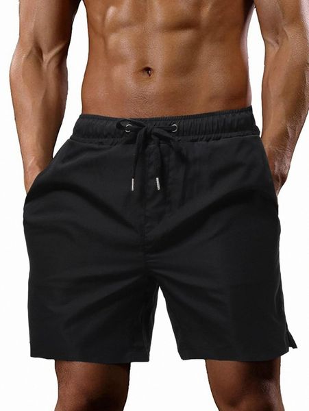 

men slant pocket grommet drawstring waist shorts k0cq#, Black