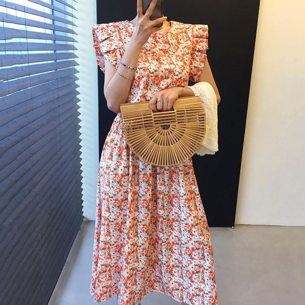 

casual dresses [ewq] women blue pleated print long dress round neck flying sleeveless loose fashion tide spring summer 2021 2f0543, Black;gray
