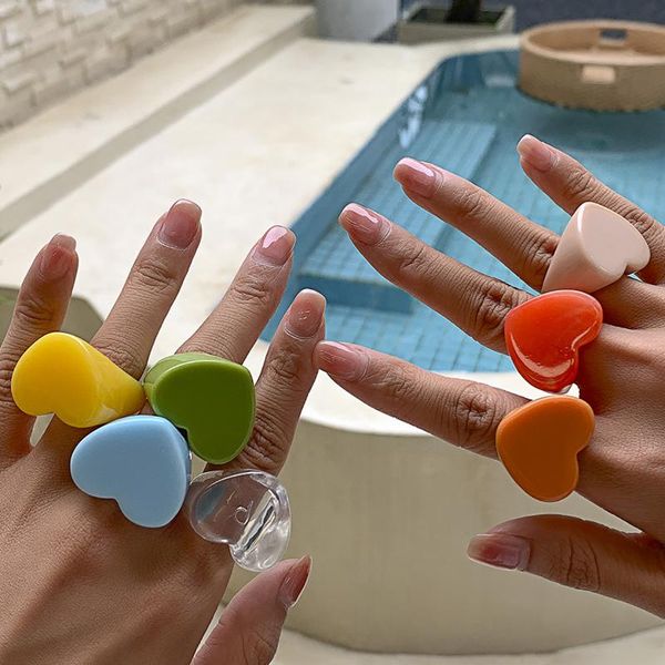 

wedding rings korean big women fashion jewelry colorful acrylic beautiful heart resin finger for girls simple, Slivery;golden
