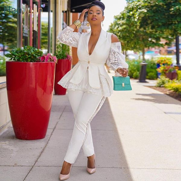 

women's two piece pants haoyuan lace patchwork 2 set button deep v suit coat pencil business casual office lady wear matching sets, White