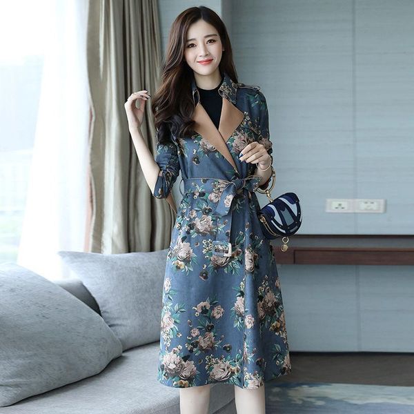 

women's trench coats floral suede coat women plus size fashion elegant long manteau femme with belt outerwear c5576, Tan;black