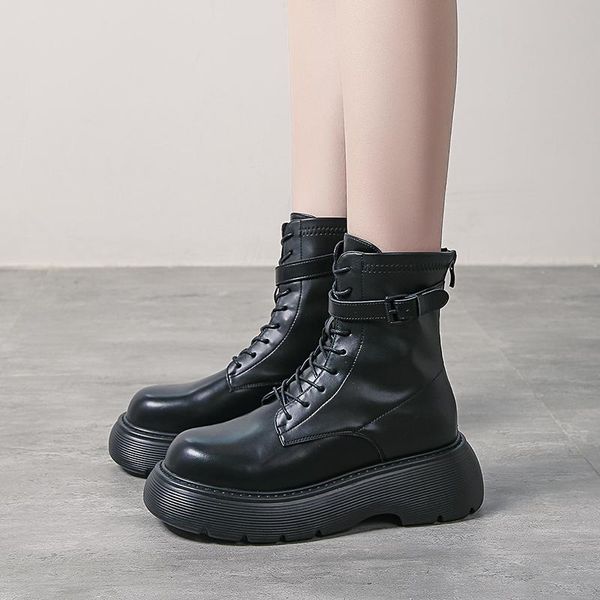 

boots fashion leather ankle for women autumn winter shoes hidden heel ladies, Black