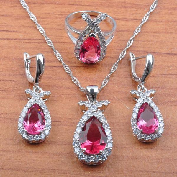 

earrings & necklace russian style rose red zirconia silver color jewelry set for women wedding pendant rings js0453
