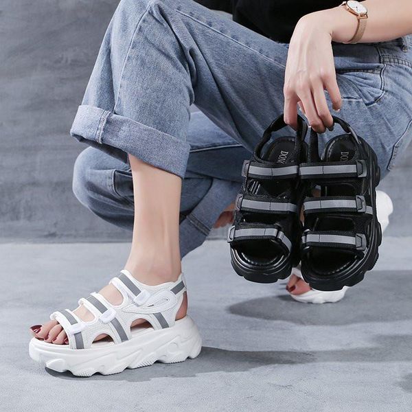 

dress shoes cootelili women summer sandals sneakers hook and loop 2021 fashion sandal luminous strip 4cm heel, Black