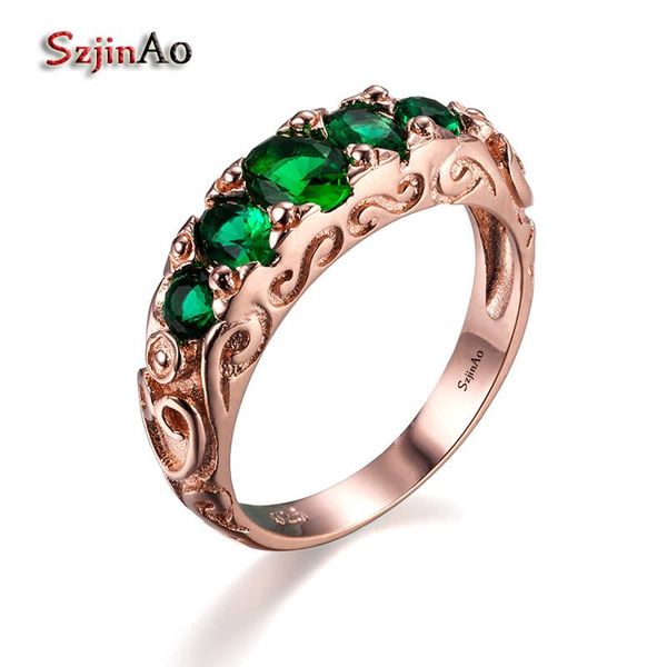 

cluster rings szjinao custom rose gold color green stone 925 sterling silver for women spartan jewelry femininity costly wholesale, Golden;silver