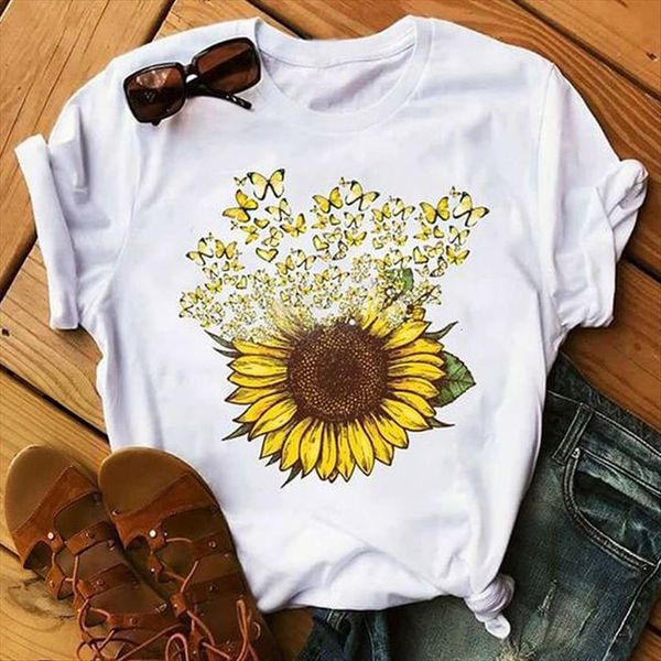 

sunflower print graphic tees aesthetic womens t shirt short sleeve cotton summer clothing camisetas mujer, White