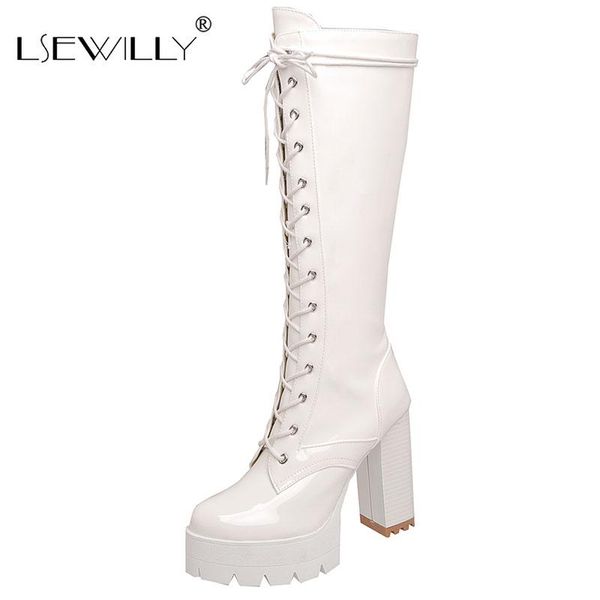 

boots lsewilly party nightclub shoes women knee high round toe lace up zip fashion heels platform lady, Black