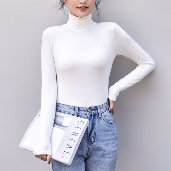 

women's solid color turtleneck base slim t shirt thin black for autumn and winter modal long-sleeved t-shirt female 201029, White