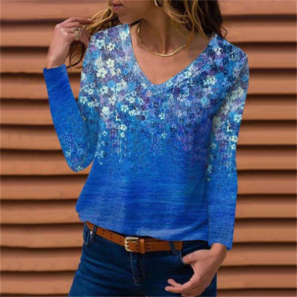 

ladies loose long-sleeved t-shirt v-neck sweatshirt floral print lady bottoming shirt autumn 008, White