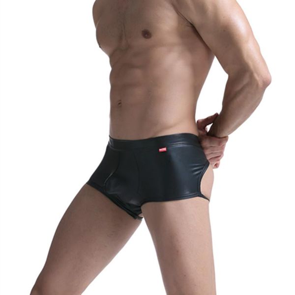 

underpants men boxer shorts backless jockstrap gay mens underwear boxers pu leather man homme, Black;white