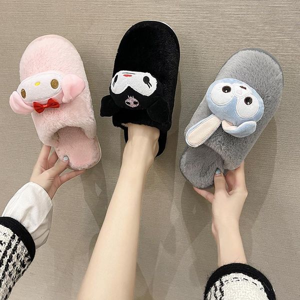 

slippers anti-skid female low-heeled shoes strap 2021 warm women's fur velvet basic rome autumn short plush, Black