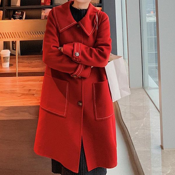 

women's wool & blends overcoat women reversible woolen coat 2021 autumn and winter mid-length, Black