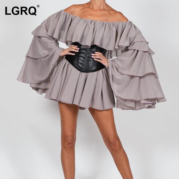 

casual dresses [lgrq] white chic vestido ruffles slash neck slim pleated mini dress sleeveless fit fashion tide autumn spring 2021 19d2871, Black;gray