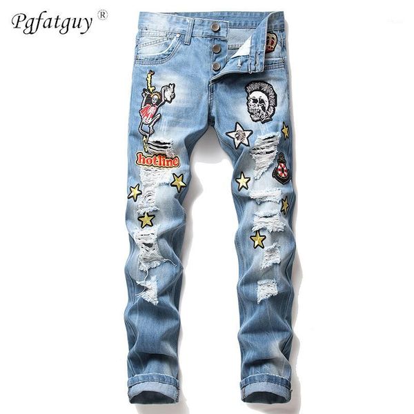 

men's jeans 2021 mens ripped holes frayed embroidered skull star crown streetwear distressed moto biker male denim pants1, Blue