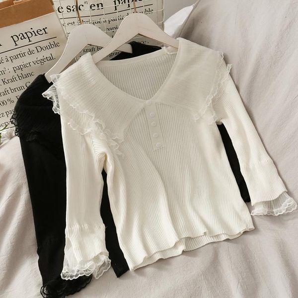 

women's sweaters spring autumn women 's knitted pullover korean solid color lace stitching slim v-neck sweater gd558, White;black