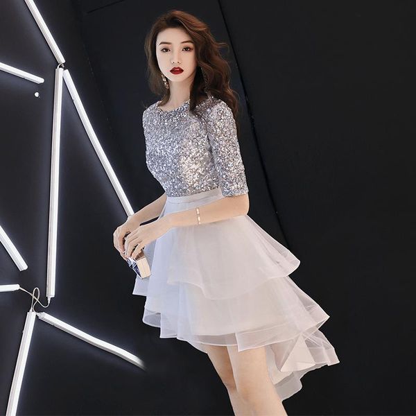 

ethnic clothing lady elegant o-neck formal party dress exquisite sequins trim banquet gown short front long back sweet mesh pleated dresses, Red