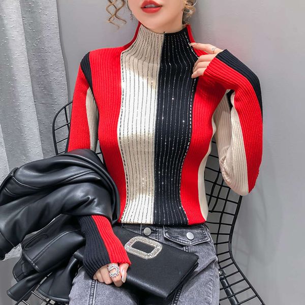 

striped drill turtleneck women's new bottomed sweater in 2020, White;black