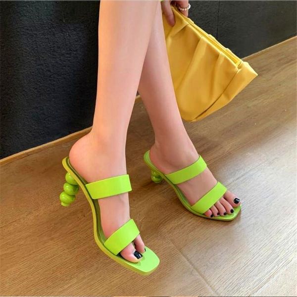 

slippers strange beaded heeled square ladies high heels pink green leather summer party, Black
