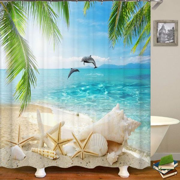 

shower curtains sunny beach scenery seaside 3d printing curtain polyester waterproof home decoration with hook large size 300x180