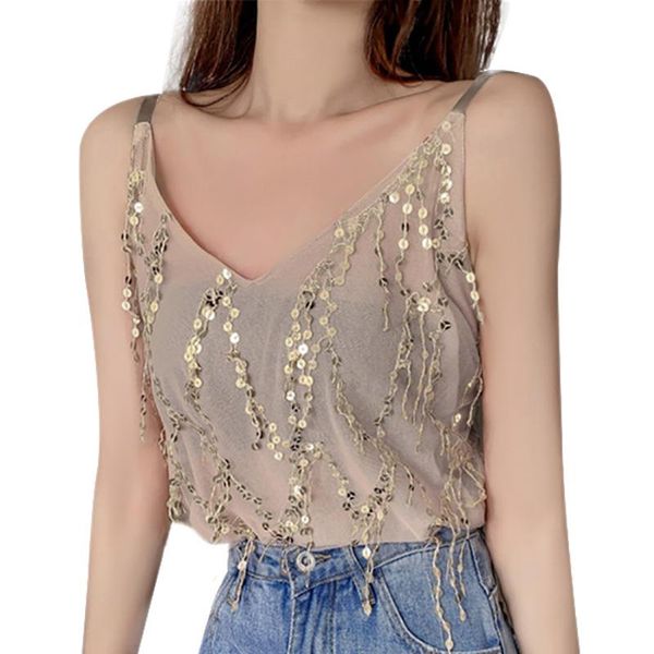 

2021sleeveless v-neck summer women sparkling sequined camisole solid casual sling camisoles bottoming stretch camisole, White