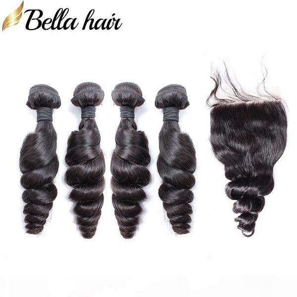 

bellahair brazilian hair bundles with closure loose wave human hair extensions 100% unprocessed human virgin hair weave 4+1 lace closure 4x4, Black