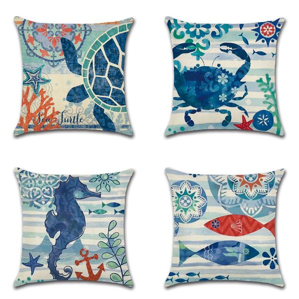 

sea turtle printed cushion cover cotton linen ocean sea horse printed home decor pillowcase ocs sofa cushion case