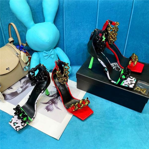 

dress shoes summer ladies high-heeled sandals with metal chain decoration square toe stiletto fashion party, Black