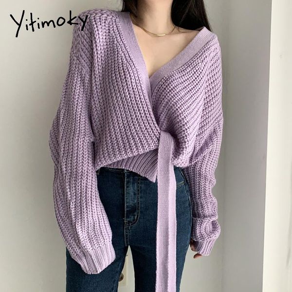 

women's knits & tees yitimoky women sweater oversized cardigan 2021 fall long sleeve coarse yam knitted solid plus size clothes v neck, White