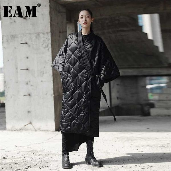 

[eam] spring autumn v-collar three-quarter sleeve solid color bandage cotton-padded big size coat women fashion jd18601 210930, Black