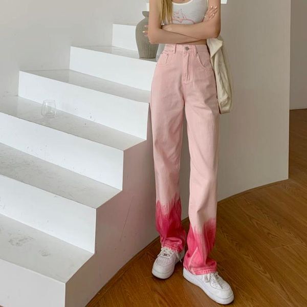 

women's jeans gradient outerwear bottom high waist casual plus size kawaii spring and autumn wide leg pink fashion, Blue