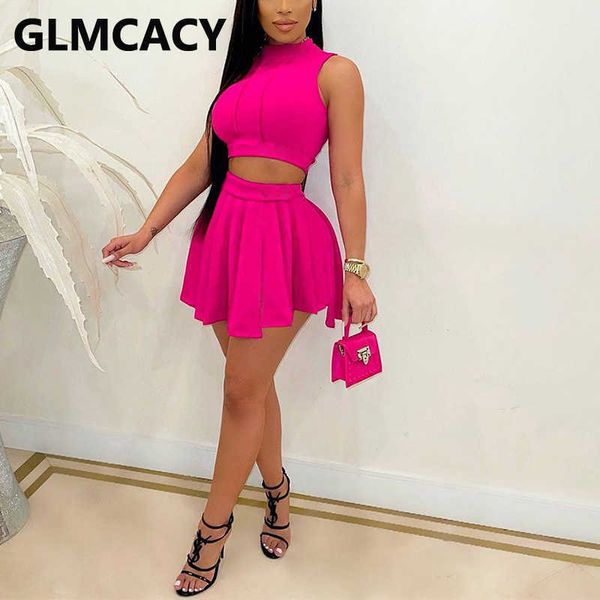 

two piece sweet dress suits sleeveless crop & mini skirt set 210702, White