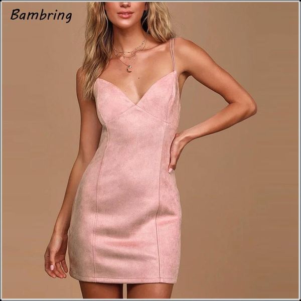 

casual dresses suede leather sling halter v-neck mini dress women elegant sleeveless slim party ladies office designer custom, Black;gray