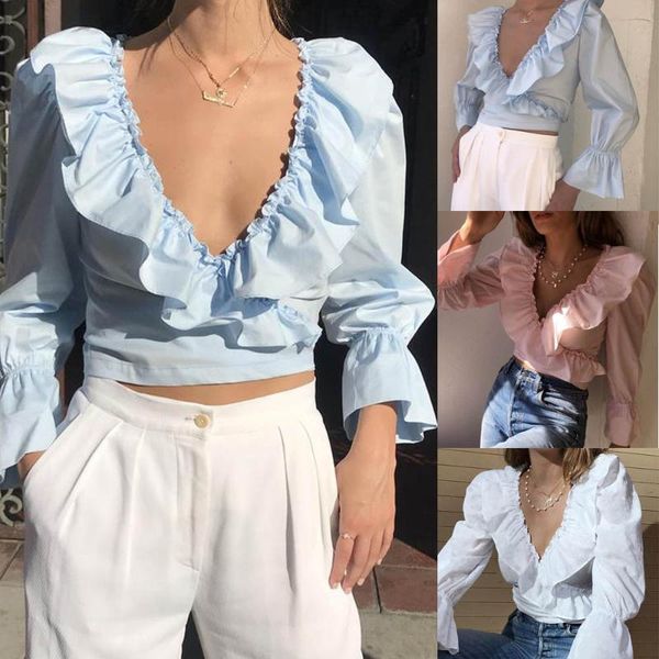 

women's blouses & shirts fashion elegant woman long sleeve blouse autumn blue white short ruffles slim bodycon