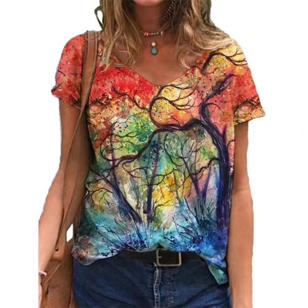 

women's t-shirt summer colorful print loose women plus size short sleeve printing v neck, White