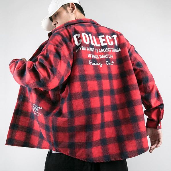 

hip hop streetwear men's plaid shirt long sleeve casual shirt loose spring autumn checkered man fashion clothing, White;black