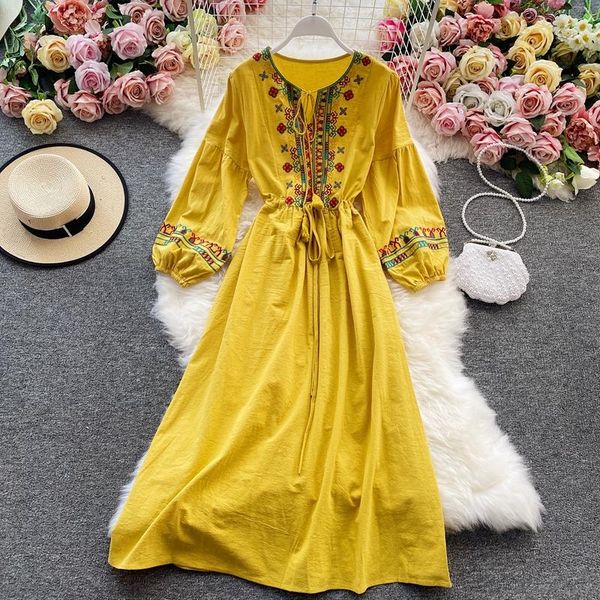 

casual dresses 20212021 women long dress indie folk embroidery floral puff sleeves urban ladies drawstring swing, Black;gray