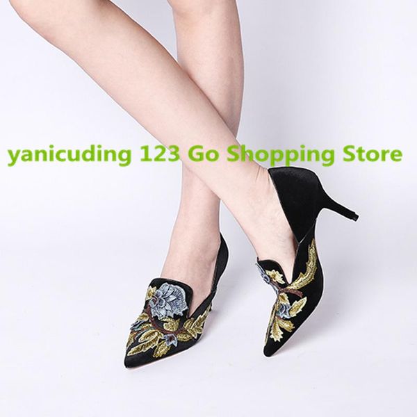 

dress shoes yanicuding pointed toe women pumps high thin heel embroidered floral decor wedding party runway star, Black