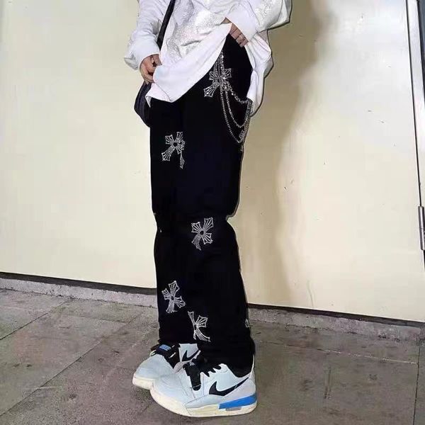 

crosin spring and summer new ins fashion brand vibe wind drill cross straight jeans women loose hip hop high stre brand h5m2, White;black